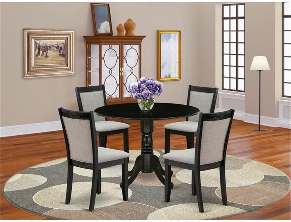East West Furniture DLMZ5-AB6-06 5 Piece Dinette Set for 4 Includes a Round Dining Room Table with Dropleaf and 4 Shitake Linen Fabric Parsons Dining Chairs, 42x42 Inch, Wirebrushed Black