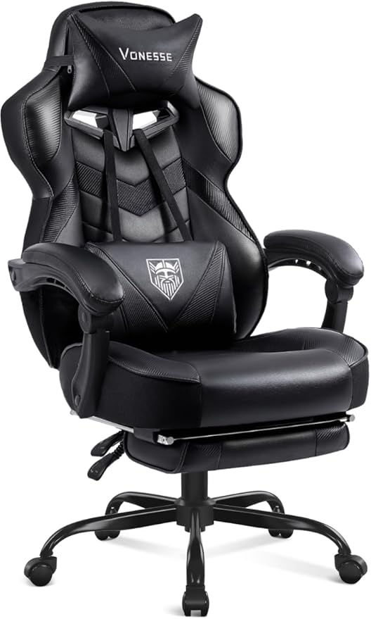 Vonesse Gaming Chair, High Back Office Chair with Footrest and Massage, Gaming Chairs for Adults with Pocket Spring Cushion, Big and Tall Reclining Computer Chair with Lumbar Support (Classic Black)