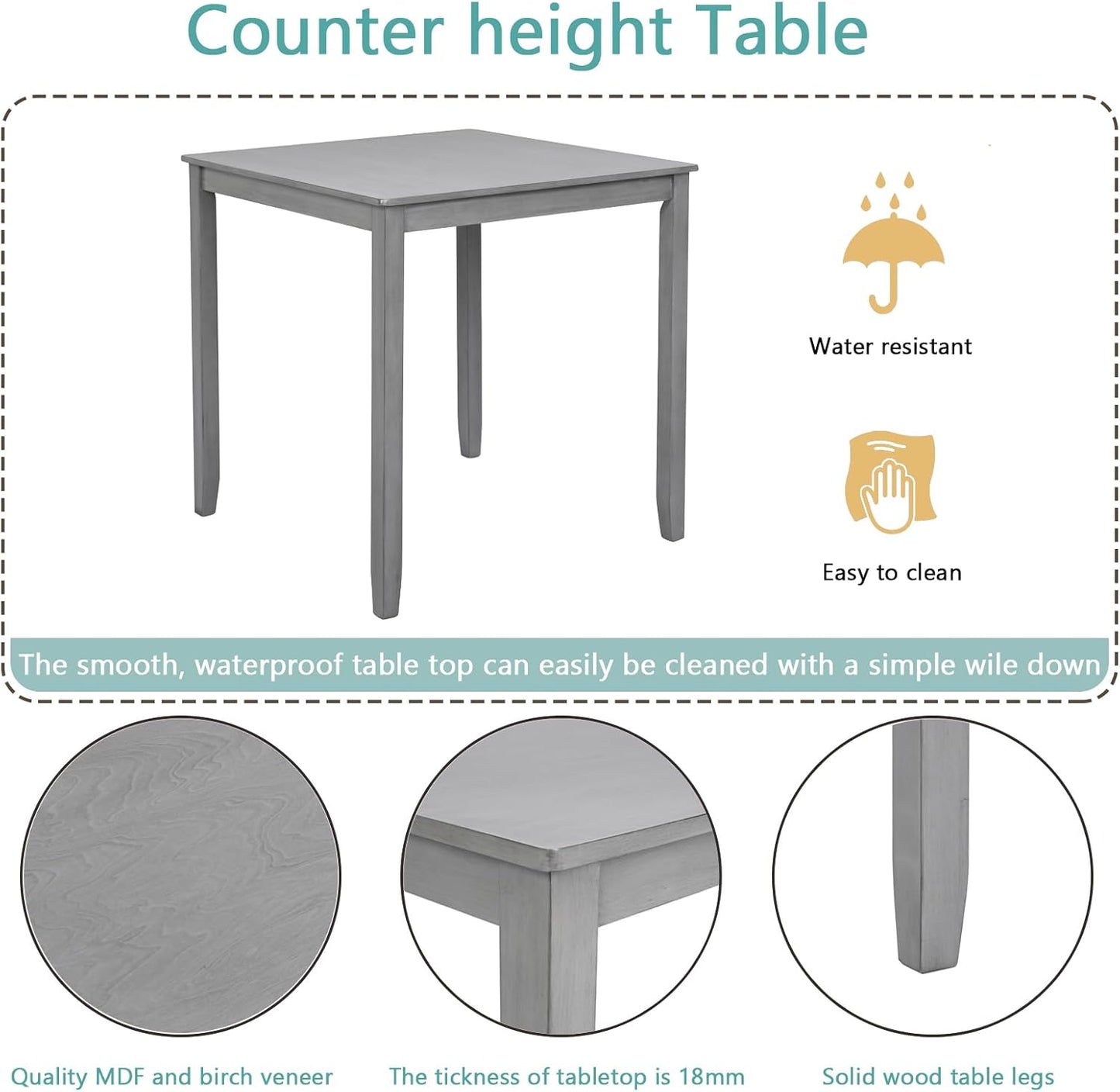 KEIKI 5-Piece Counter Height Dining Table Set with Square Table and 4 Upholstered Slatted Backrset Chair, for 4 Person, Modern Style Wooden Table Set, Easy Assembly, for Kitchen, Dining Room, Gray