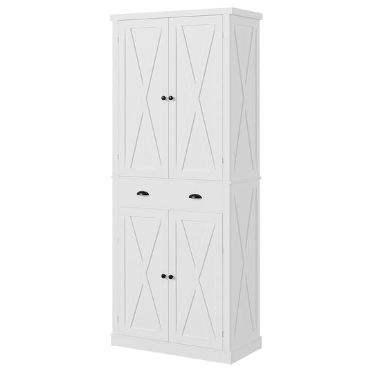 IRONCK Kitchen Pantry Storage Cabinet 83.9" H, with Barn Doors, Drawer, 4 Adjustable Shelves, Freestanding Cupboard for Dining Room Living Room, Laundry, White