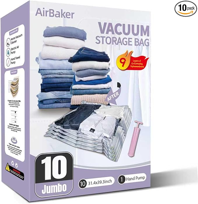 Vacuum Storage Bags, Vacuum Seal Bags for Foam Mattress,Clothing & Bedding, Space Saver Bags for Organization and Storage(10Jumbo)