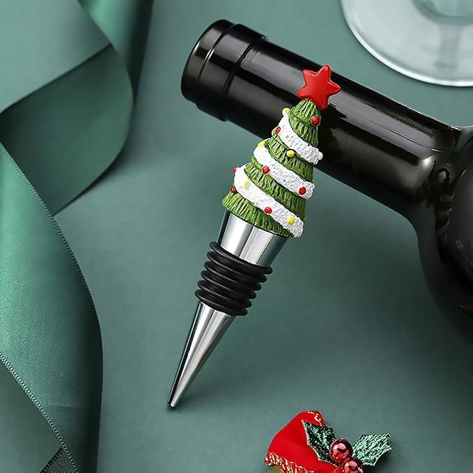 1Pack Christmas Tree Wine Bottle Stoppers, Thanksgiving Halloween Easter Holiday Decor - Resin Handmade Decorative Wine Stoppers - Wine Gift for Hostess - Cute Wine and Beverage Corker Bottle Sealers