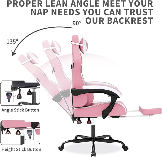 Gaming Chair with Massage,Ergonomic PC Gaming Chair with Footrest Comfortable Headrest and Lumbar Support,High Back Game Chair PVC Leather,300LBS (Pink)