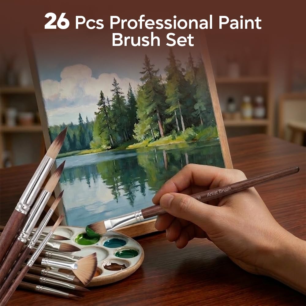 Simpson Sellers 26PCS Paint Brush Set with Palette Knife, Professional Acrylic Oil Watercolor Painting Kit, Flat Filbert Fan Round Detail Tools, Travel Canvas Case for Artists,Face Painting