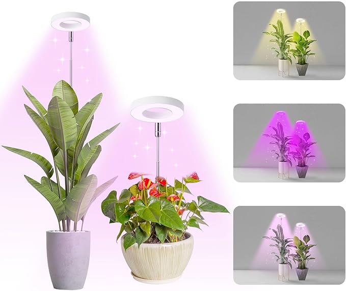 Halo Ring Grow Lights for Small Indoor Plants, Red+Blue+Yellow Light Full Spectrum LED Plant Light, Height Adjustable with 5V 2A Adapter, 3/9/12H Timer & 10 Dimmable Levels, Angel Ring 2 Pack