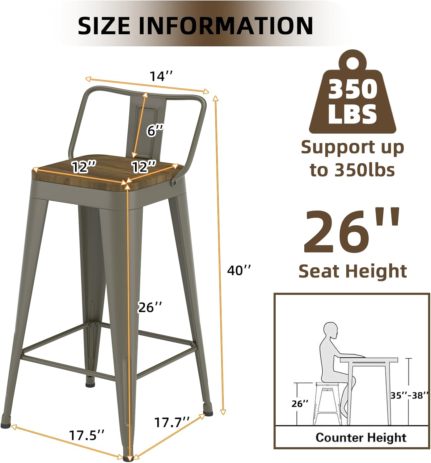 Rusty Bar Stools Set of 4, Metal Bar Stools with Wooden Seat, Modern 26”Counter Height Barstools with Low Back