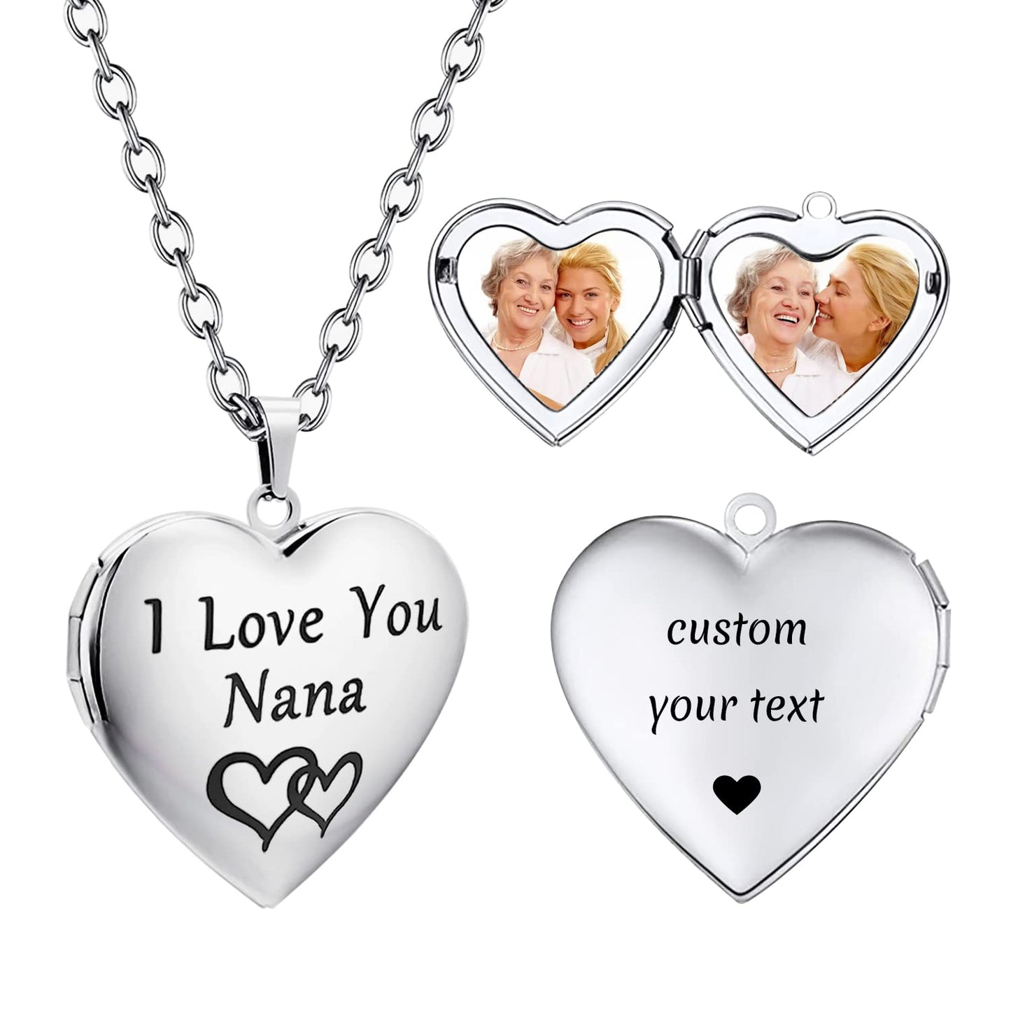 PHOCKSIN I Love You Nana Personalized Silver Heart Locket Necklace with Custom Text & Symbols Customized Photo Lockets Necklace that Hold Pictures for Women