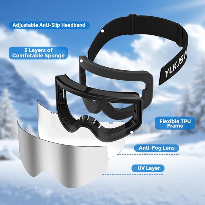 Ski Goggles for Men Women, OTG Snow Goggles, UV Protection Snowboard Goggles for Adult & Youth, Snowmobile, Sledding