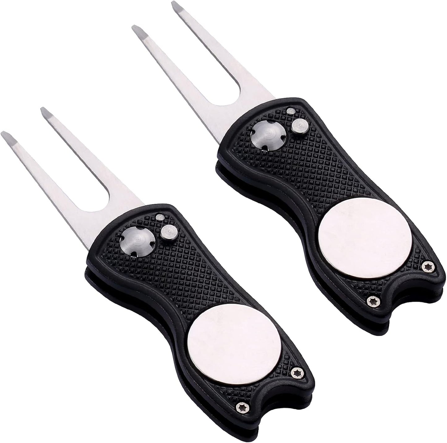2 Pack Metal Foldable Golf Divot Tool with Pop-up Button & Magnetic Ball Marker (Pack of 2, Fish Design)
