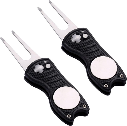 2 Pack Metal Foldable Golf Divot Tool with Pop-up Button & Magnetic Ball Marker (Pack of 2, Fish Design)