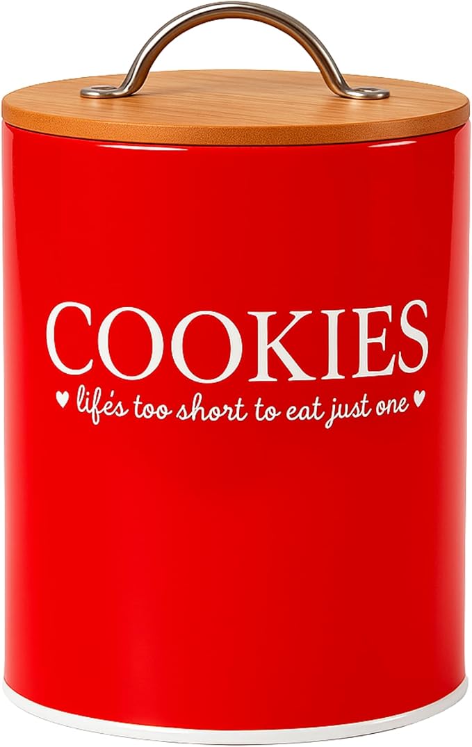 D'Lifeful Cookie Jar with Airtight Bamboo Lid – 0.6 Gallon Cute and Decorative Cookie Storage for Kitchen Countertop – Farmhouse Storage Tin for Freshness – Great Gift Idea - Red