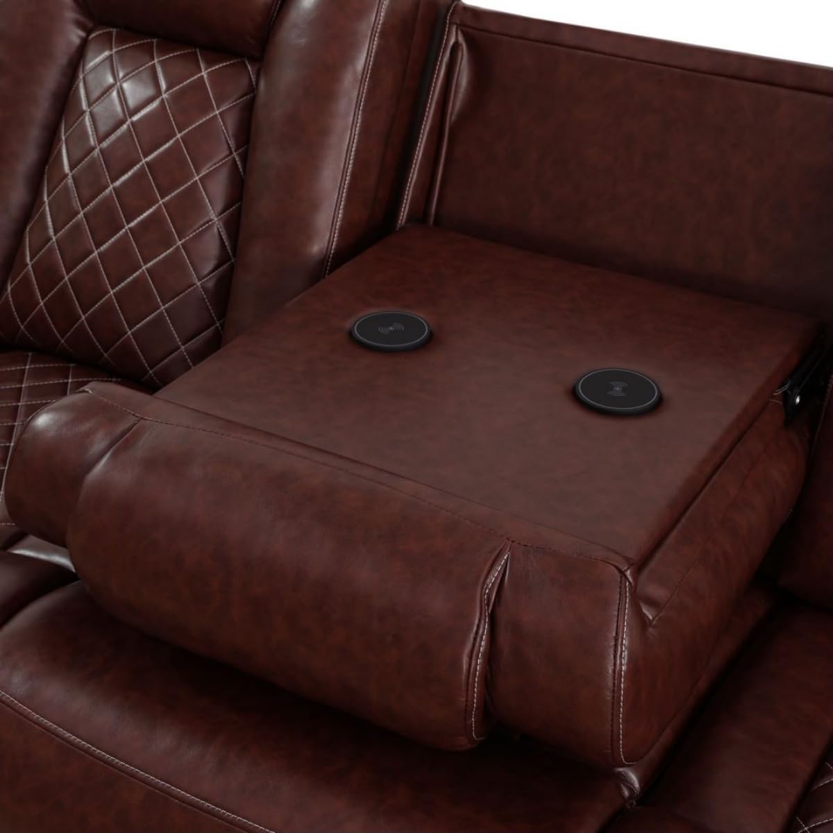 Electric Power Recliner Sofa Living Room Furniture, Comfy Home Theater Breathing Leather Seating with USB 2.0 Charging Ports, LED Light Strips, Fold-Down Table & Wireless Charging Device (Red)