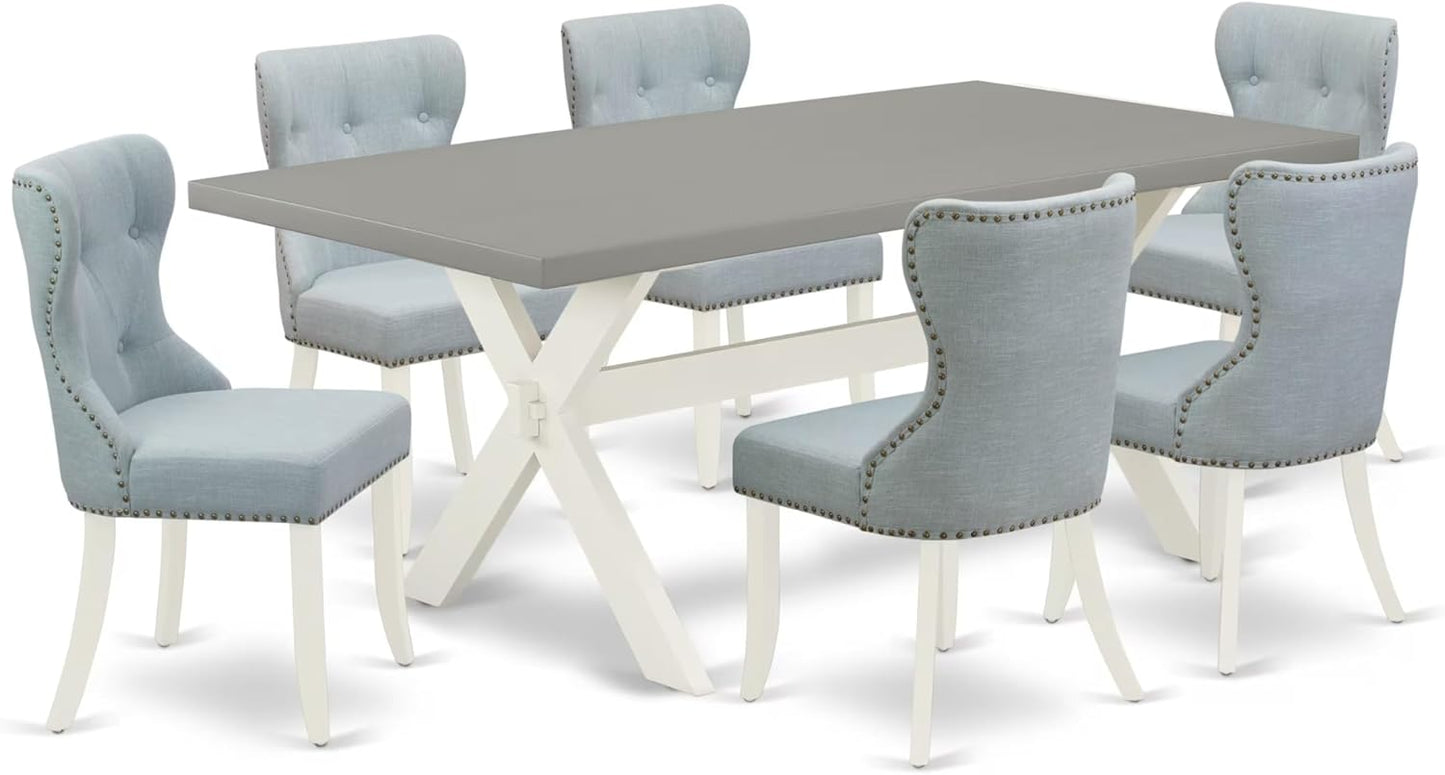 East West Furniture X097SI215-7 7 Piece Dining Table Set Consist of a Rectangle Kitchen Table with X-Legs and 6 Baby Blue Linen Fabric Parson Dining Room Chairs, 40x72 Inch, Multi-Color