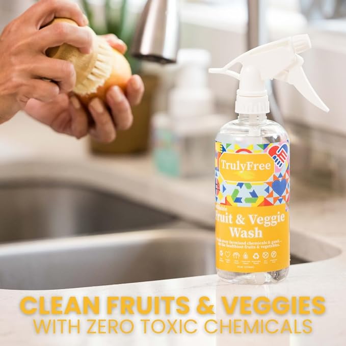 Truly Free Fruit and Vegetable Wash - Veggie Wash Removes 99% of Dirt & Wax | Plant-Based Produce Cleaner Spray | No Aftertaste, Refillable, Made in USA | Fragrance-Free, 16oz