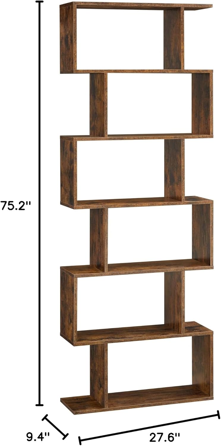 VASAGLE 6-Tier Bookshelf, Tall Display Shelf, Freestanding Storage Shelf, Rustic Brown ULBC61BX Tree-Shaped Bookcase with 13 Storage Shelves, 9.8”D x 33.9”W x 55.1”H, Rustic Brown ULBC67BXV1