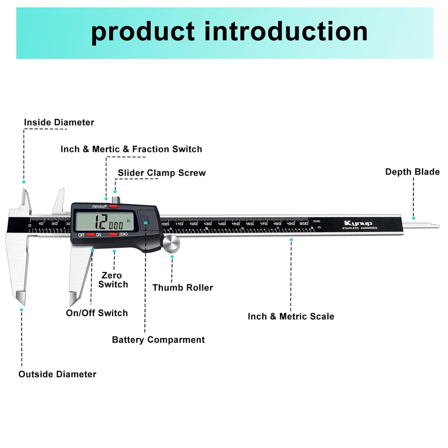Kynp Digital Caliper, 8 Inch Micrometer Caliper Tool, Vernier Caliper Gages with Stainless Steel Body, Large LCD Screen, Auto - Off Feature, Inch Metric Fraction Conversion (200mm)