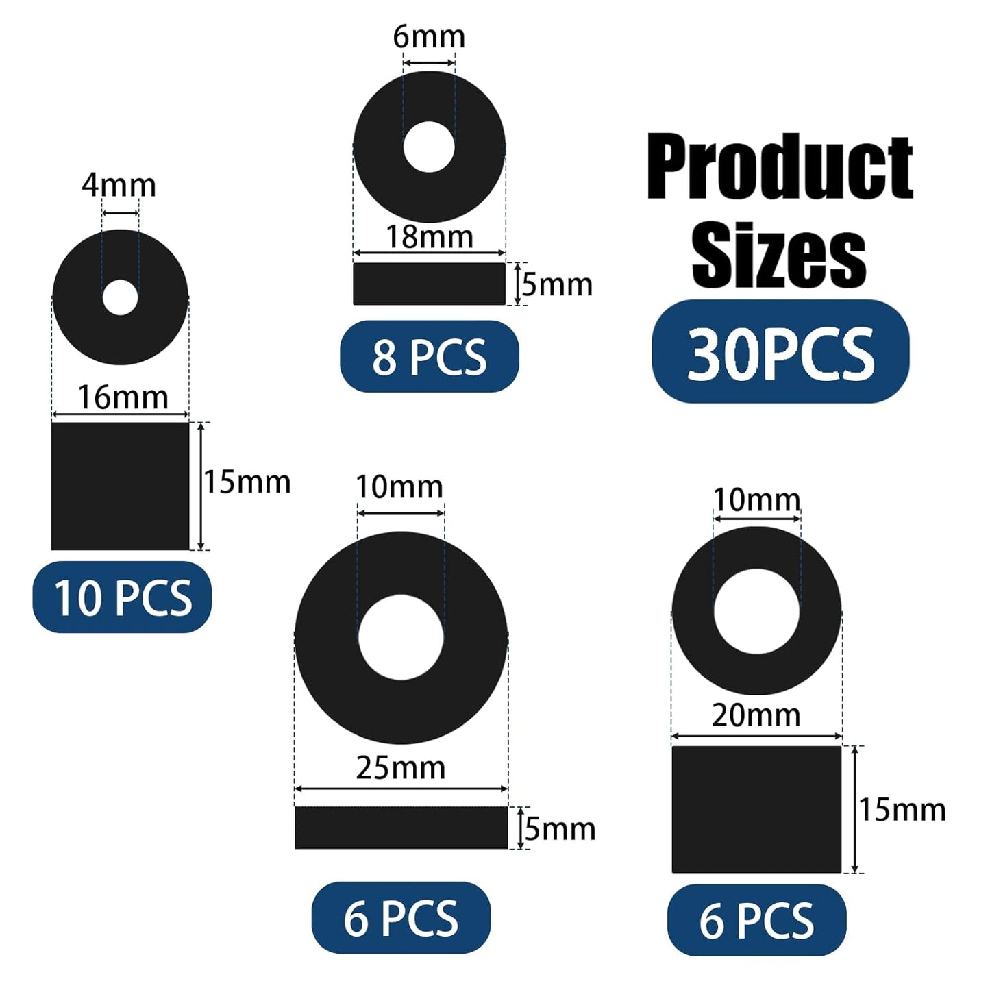 30 PCS Rubber Spacer 4 Sizes Black Non-Slip Thick Grommets Vibration Isolation Round Rubber Flat Washers