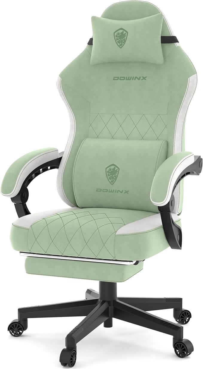 Dowinx Fabric Gaming Chair, Computer Office Chair with Pocket Spring Cushions and Lumbar Support, Ergonomic Massage Gaming Chairs with Footrest for Big and Tall, Green