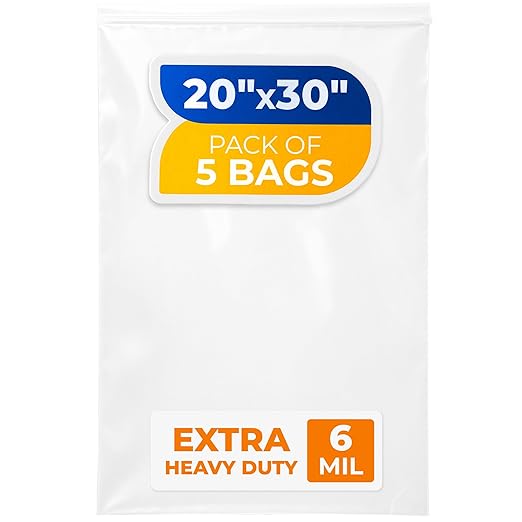 20" x 30" Extra Large Zip Seal Lock Bags, 6 Mil (Pack of 5) – Heavy-Duty Reclosable Plastic Bags – Clear, Resealable, Waterproof – For Storing and Organizing Clothes, Jewelry, and Travel