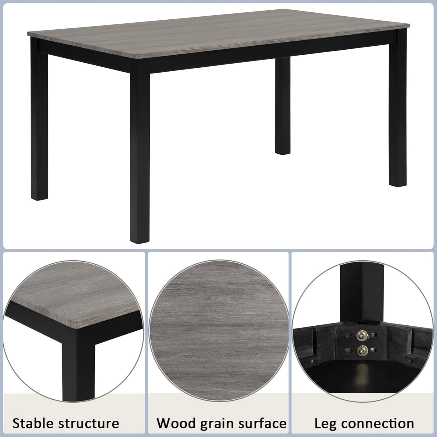Dining Table Set for 5, 6-Piece Kitchen Table & Chairs Set with Rectangular Table, Bench & 4 Upholstered Chairs, 39'' Dinner Set with Wood Legs & Curved Backrest for Kitchen, Light Black