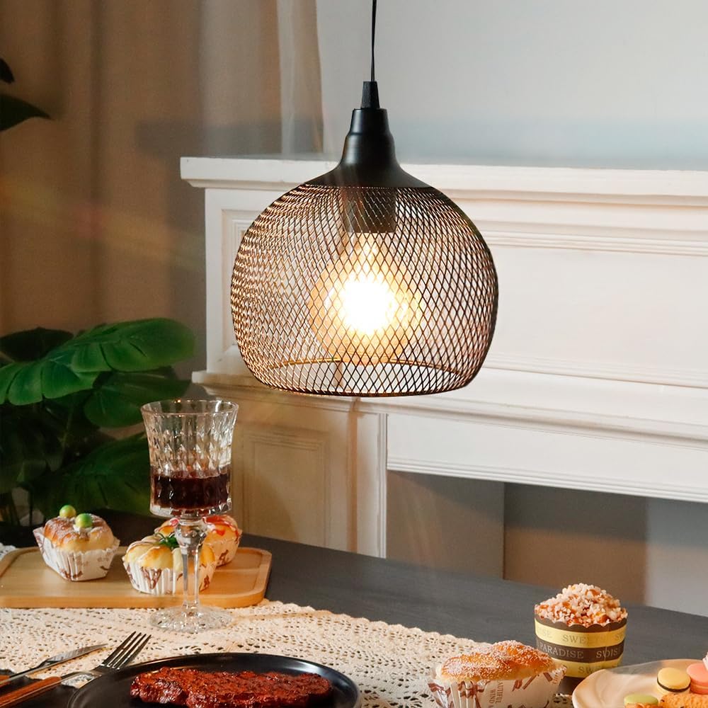JHY DESIGN Hanging Lamp Black Battery Powered Decorative Pendant Lamp Metal Cage Battery Lamp with 6 Hours Timer for Bar Bedroom Garden Parties Patio Indoor Outdoor Living Room(Round)