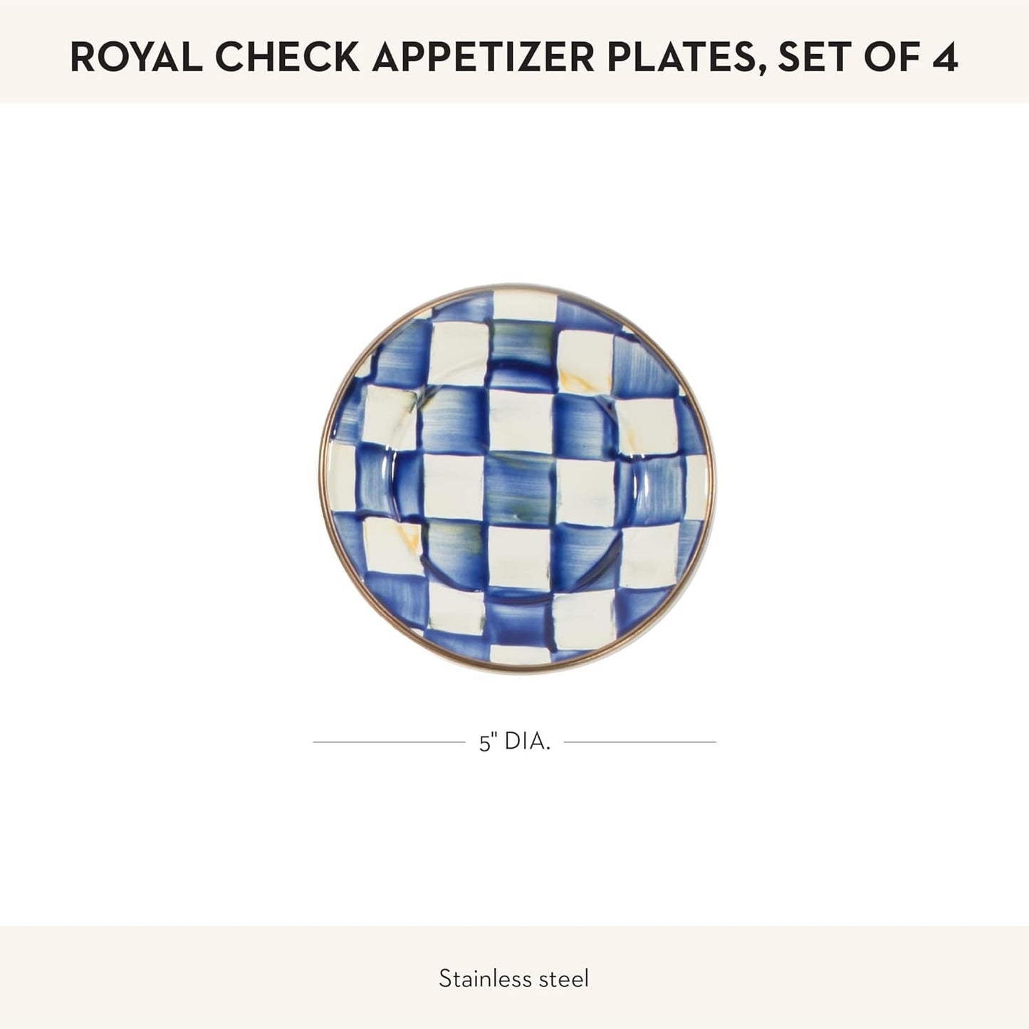 MACKENZIE-CHILDS Set of 4 Enamel Appetizer Plates, Mini Dessert Plates, 5 Inches, Blue-and-White Royal Check