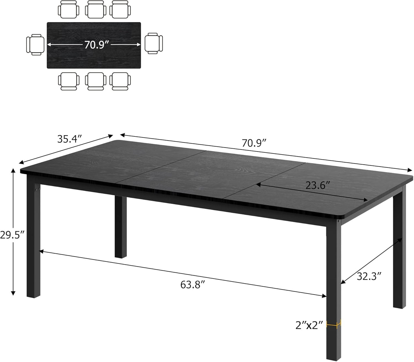 GarveeHome 70.8in Industrial Dining Table for 6, Wooden Long Dinner Table with Mortise Tenon Design, Kitchen Table with Sturdy Metal Legs, for Dining Room Home Office Living Room, Black