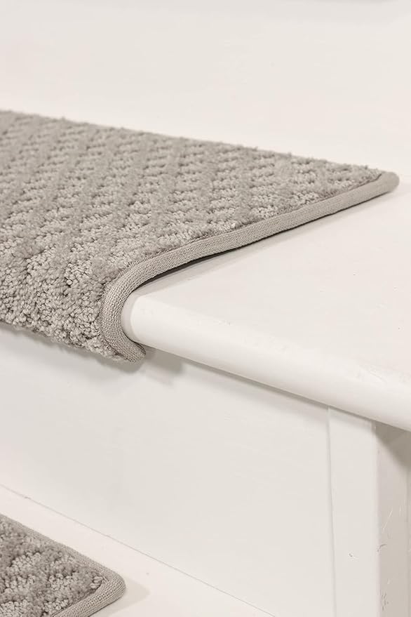 Oak Valley Designs™ Rounded Bullnose Carpet Stair Treads, Anti Slip Indoor Stair Mats for Wooden Stairs - Style: Bayside Charm, Light Grey 35" W X 9.75" D (Set of 14)