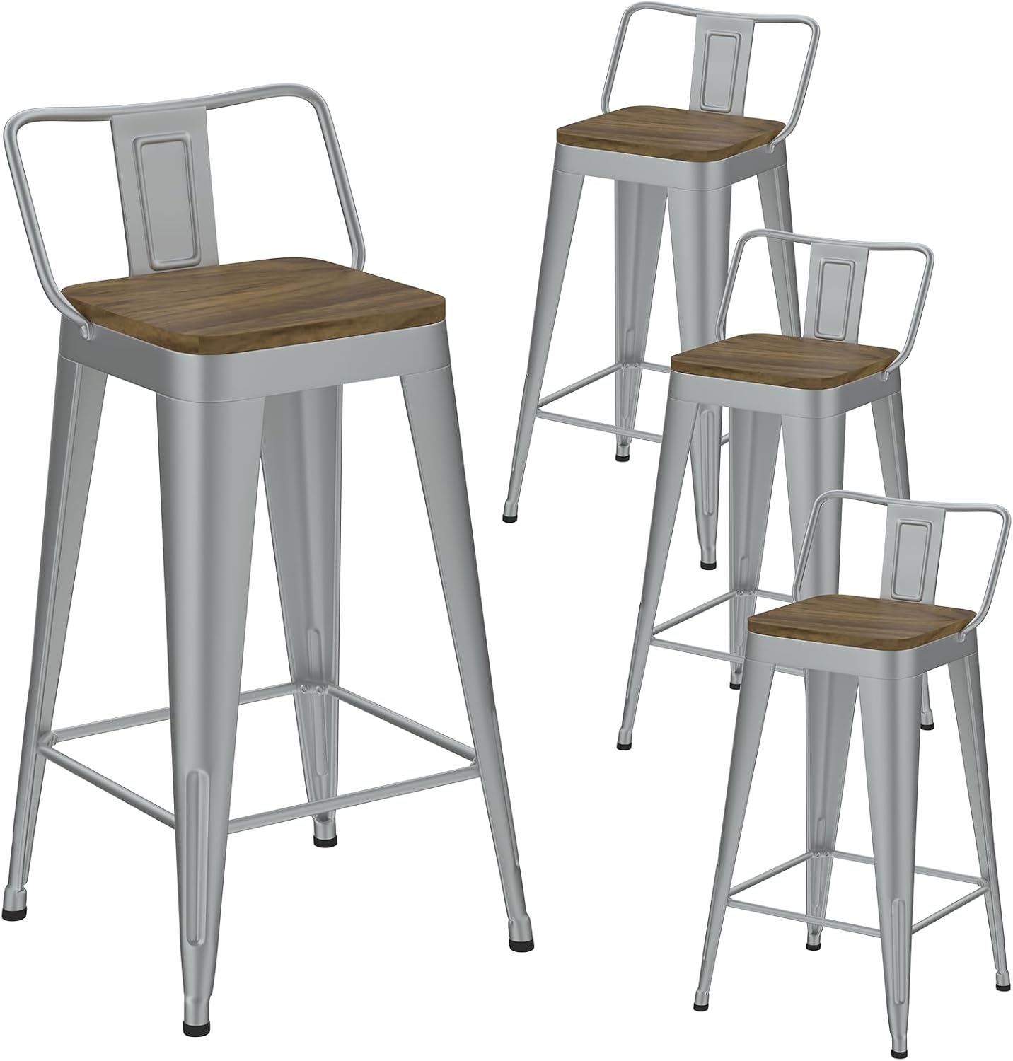 Silver Bar Stools Set of 4, Metal Bar Stools with Wooden Seat, Modern 26”Counter Height Barstools with Low Back