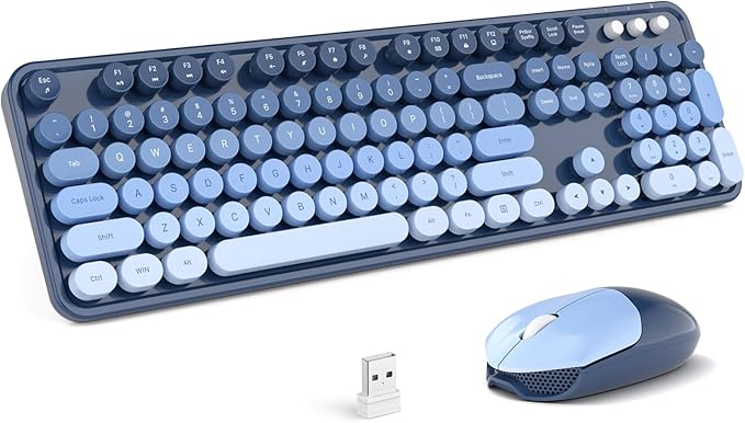 MOFII Wireless Keyboard and Mouse Combo, Full-Size Retro Typewriter Keyboard with Round Keycaps, Ergonomic Design for Windows 7 8 10 11 PC Laptop, Home and Office Use -Blue
