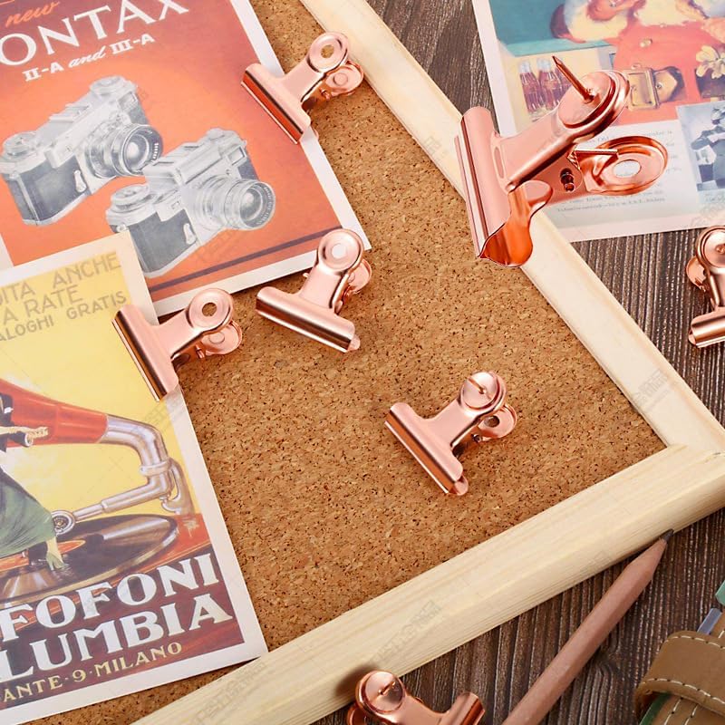 32 Pack Bulldog Clips with Push-pins for Corkboard,Metal Clips for Crafts, Metal Binder Clips for Pictures, Spring Paper Clamps for Office Documents (Rose Gold,0.85inch)