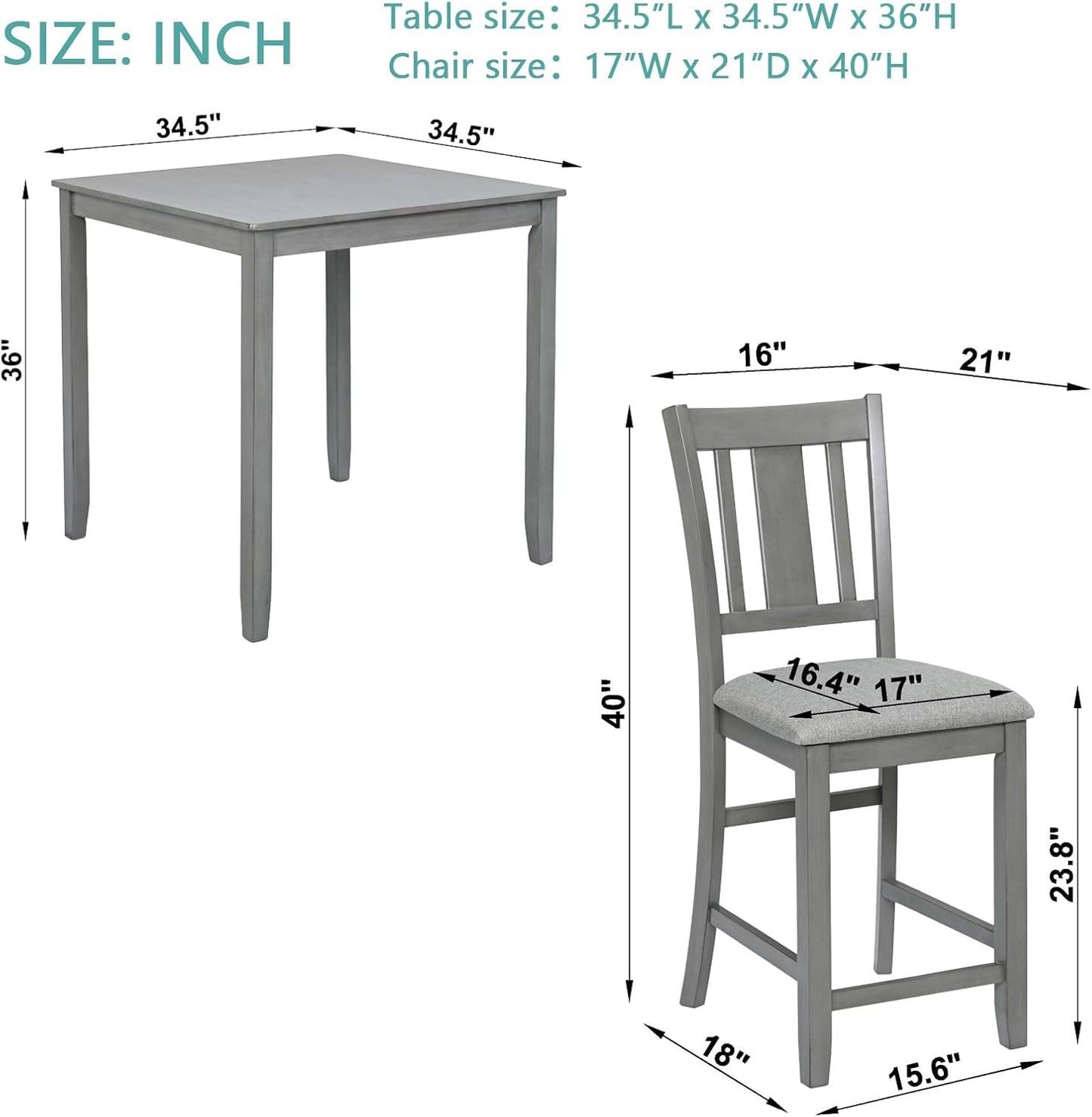 KEIKI 5-Piece Counter Height Dining Table Set with Square Table and 4 Upholstered Slatted Backrset Chair, for 4 Person, Modern Style Wooden Table Set, Easy Assembly, for Kitchen, Dining Room, Gray