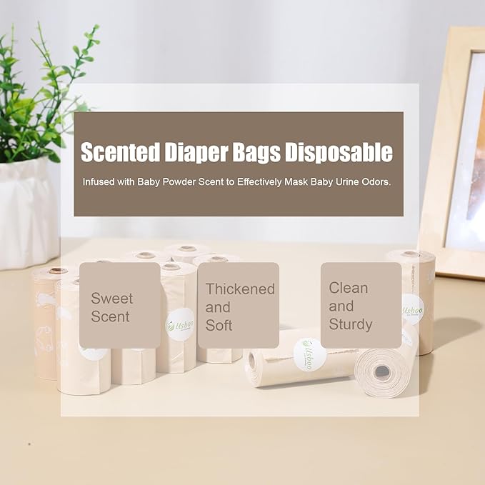 Diaper Bags Disposable for Baby, Biodegradeable Dirty Diaper Bags (8 Refill Rolls/120 Bags) with Dispenser | Leak Proof Diaper Trash Bags | Baby Poop Bags | Fresh Powder Scent