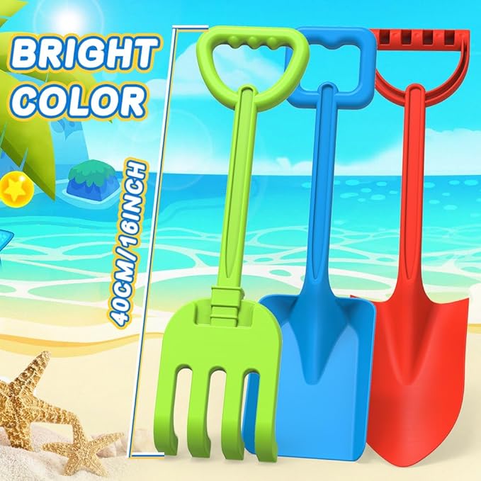 3 PCS Beach Shovel Sand Shovels Snow Toys for Kids Adults, 16 Inch Spade Rake Sandbox, Sturdy Scoop Trowel Garden Digging Planting Tool, Kids Snow Shovel Outdoor Play Summer Vaction Gift Party Favor