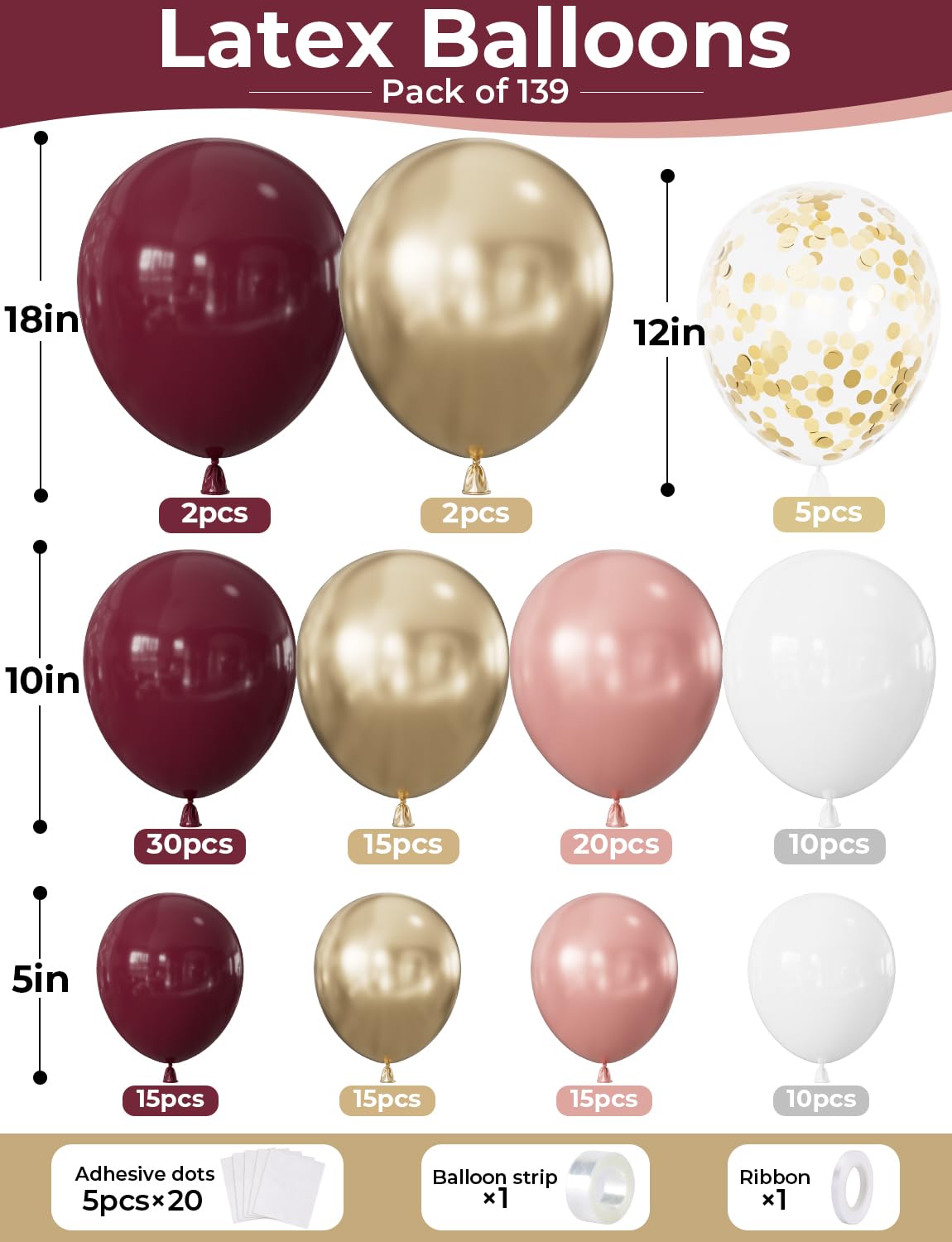 Adeyoo Burgundy Balloon Arch Kit, 139Pcs Balloon Garland Kit with Burgundy, Rose Gold, Gold and White Balloons and Confetti, Elegant Decoration for Wedding, Bridal Shower, Birthday, Bachelorette Party