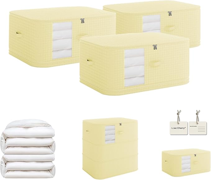 3-Pack Vacuum Storage Bags – Compressible & Foldable Closet Organizer Bags with Reinforced Handles, Suitable for Storing Clothes, Blankets, Down Comforters, Bed Sheets, Pillows & Toys (cream)