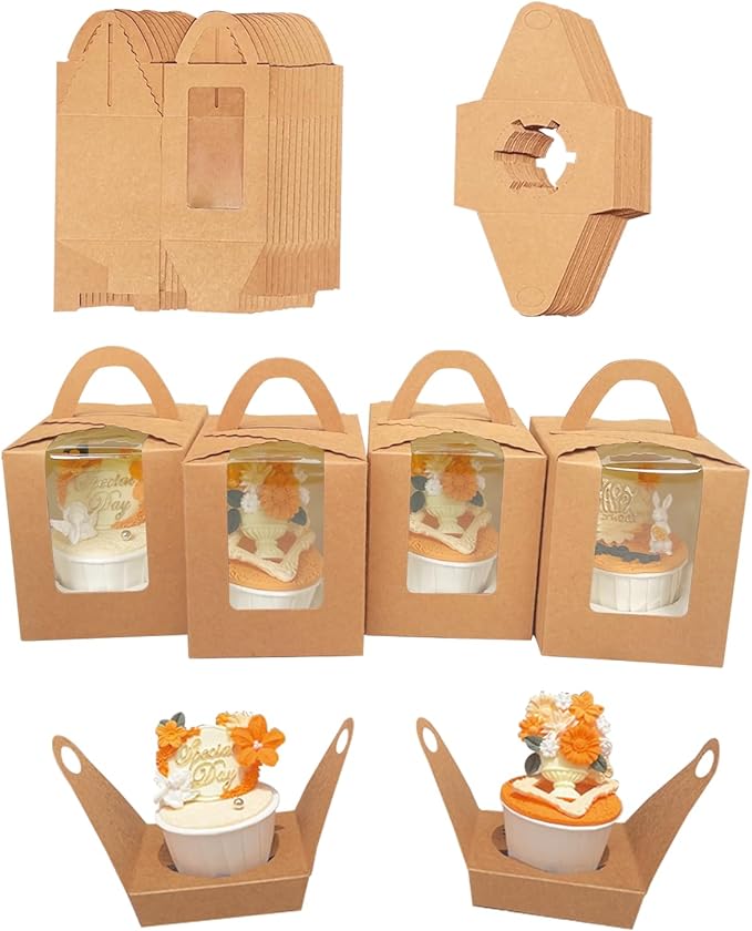 Bakepacker Auto-pop up Individual Cupcake Boxes with Window 25 Count Brown Single Cupcakes Box 3.7 x 3.7 x 4.3inch Cupcake Carrier