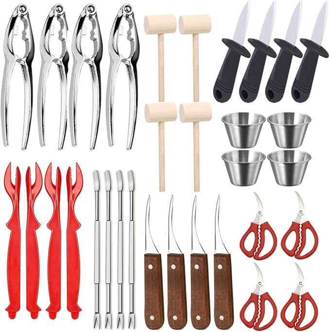 32 PCS Seafood Tools Include Crab Crackers, Seafood Scissors,Oyster Knife, Shrimp Deveiner Tool,Lobster Sheller, Crab Hammer,and Shellfish Forks,Sauce Cups and Nutcracker Set