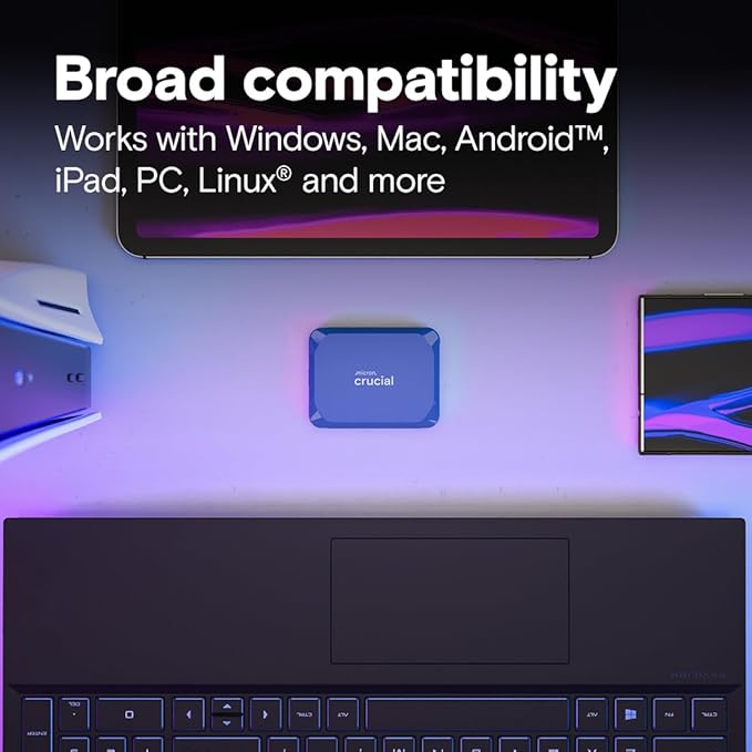 Crucial X10 6TB Portable SSD, Up to 2,100MB/s, USB 3.2 USB-C, External Solid State Drive, Compatible with Windows, Mac & Android, Durable Storage for Games, Photos & Files, Blue - CT6000X10SSD9-02
