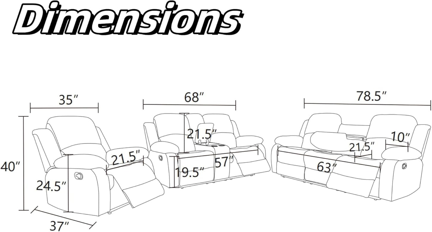 Recliner Sofa Couch, 3-Seater Home Theater Seating Reclining Sofa, Power Reclining Couch with Cup Holders & Drop Down Table for Living Room Furniture Sets, Grey White
