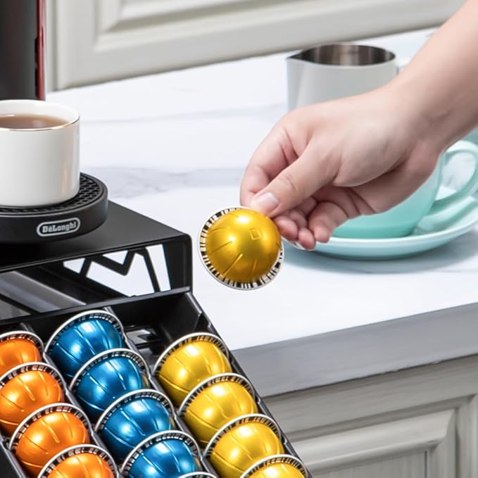 FlagShip Vertuo Pod Storage - Modern Black Metal Coffee Capsule Organizer & Space-Saving Pod Holder for Coffee Machines, Spacious 50 Vertuo Pods Capacity