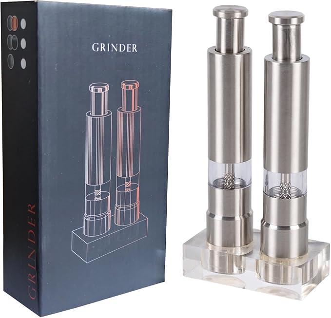 Stainless Steel Salt and Pepper Grinder Set, Manual Refillable Peppercorn Mills with Push Button, Thumb Grinder, Sliver White