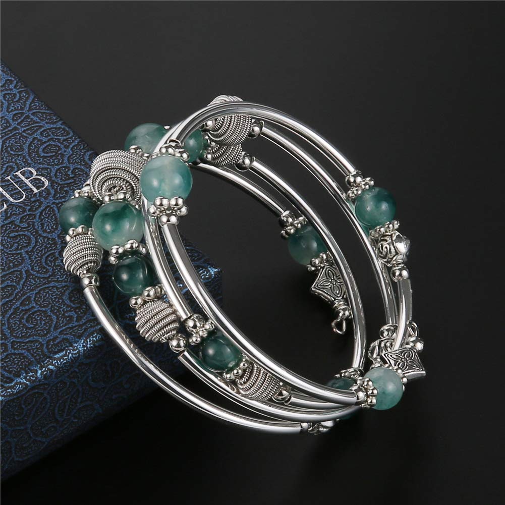 PEARL&CLUB Beaded Chakra Bangle Turquoise Bracelet - Fashion Jewelry Wrap Bracelet with Thick Silver Metal and Mala Beads, Birthday Gifts For Women(Jade Green)