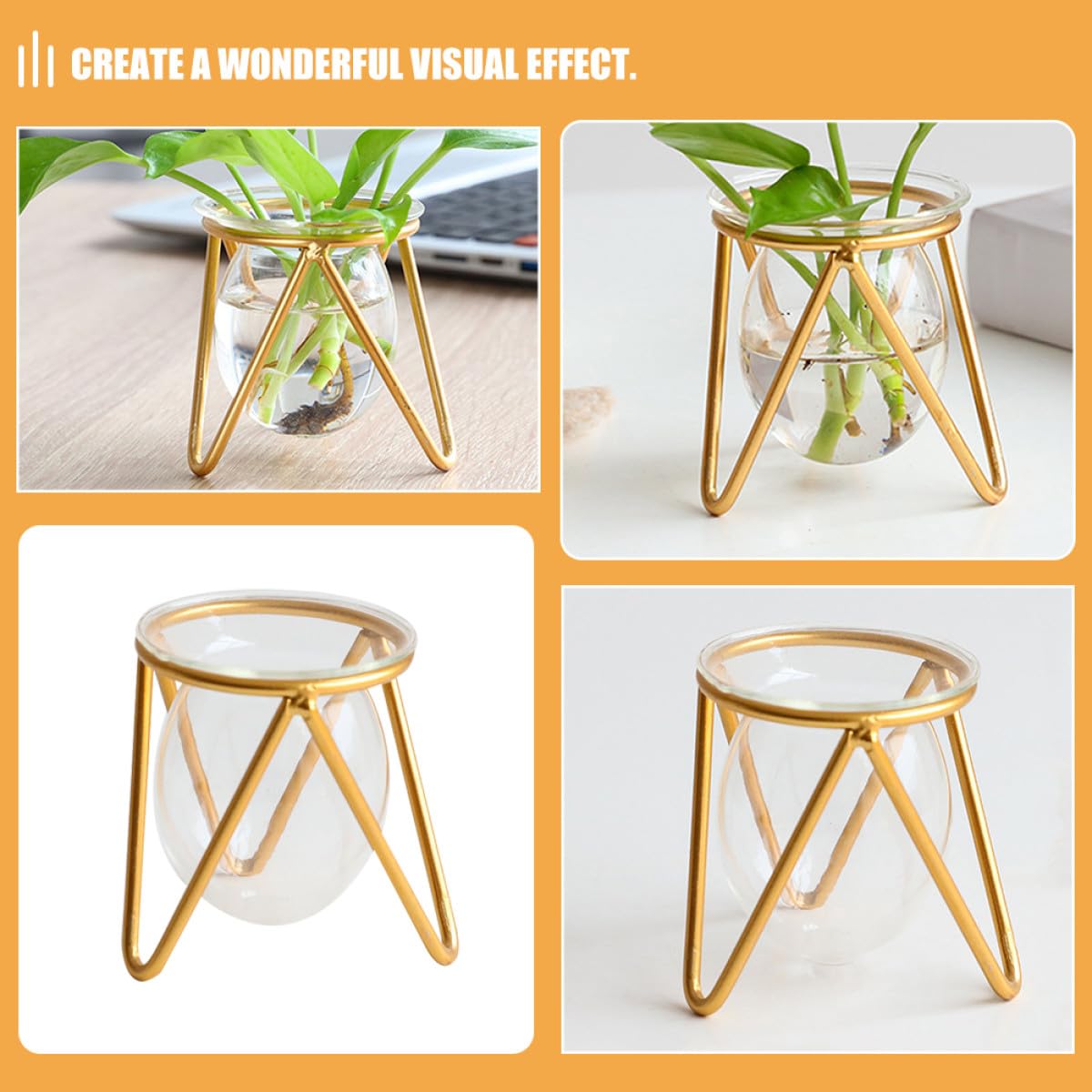 Toyvian Glass Plant Vase with Metal Stand, Decorative Bulb Terrarium Container for Succulents and Green Plants, Small Gold Indoor Hydroponic Planter for Home and Office Desk Decor