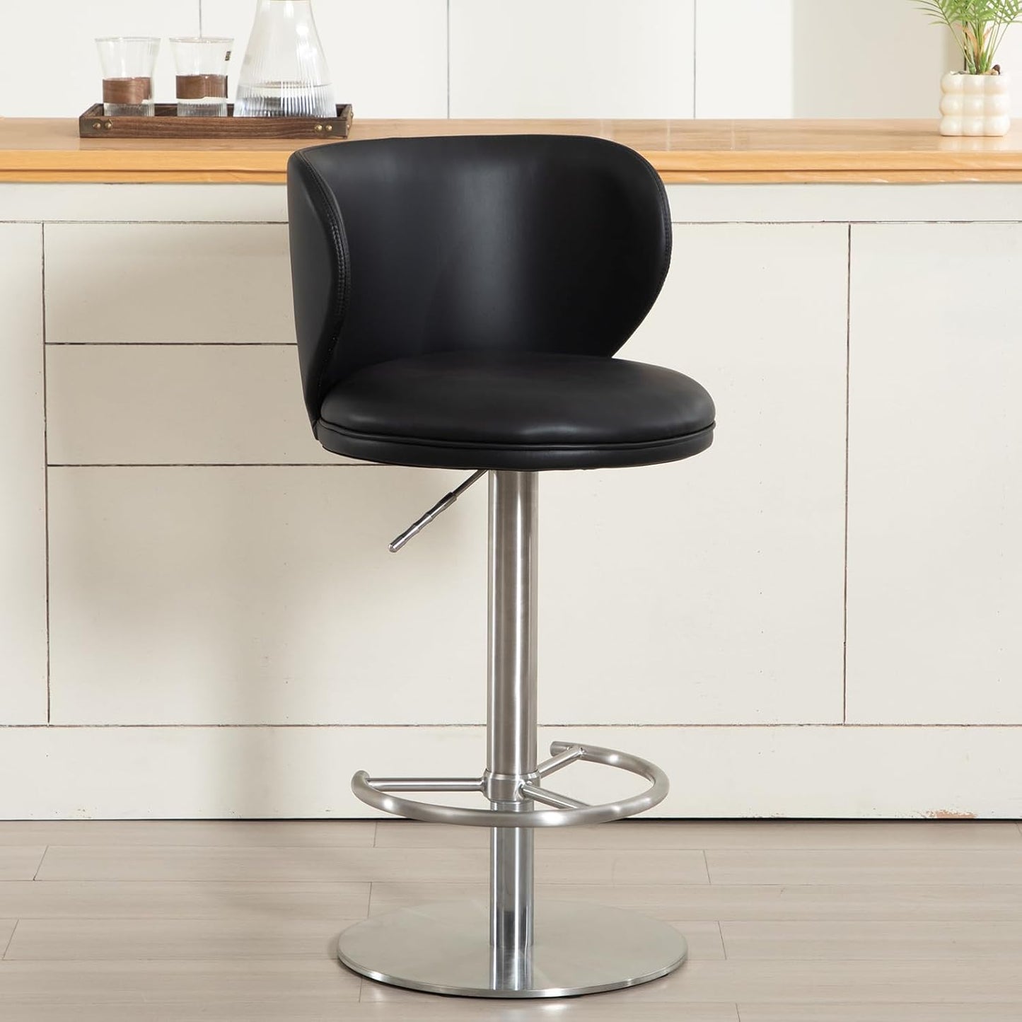 Bar Stools Adjustable Stainless Steel Swivel Barstool with Back and Footrest Leather Upholstered Bar Chairs for Home,Kitchen,Bar, Counter (Black, 1pc)