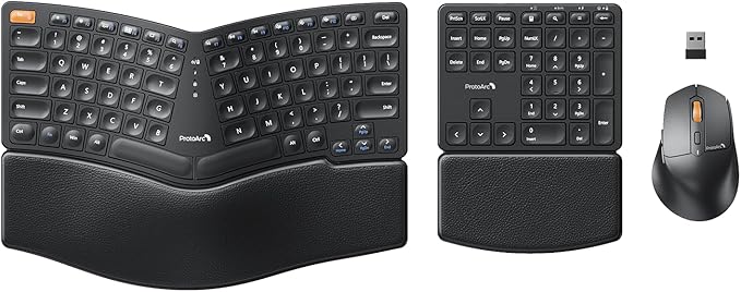 ProtoArc Ergonomic Keyboard Mouse, EKM04 2.4GHz USB Wireless Ergo Keyboard Mouse Combo with Separate Numeric Keypad, Split Design, Hard Wrist Rest, Rechargeable, for Windows Desktop/PC/Laptop