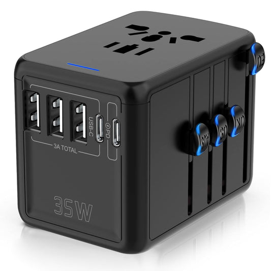 Jmfone 35W Pd Universal Travel Adapter, Fast Charging International Power Plug Adapter With 3*Usb-A & 2*Usb-C Ports And Multi Ac