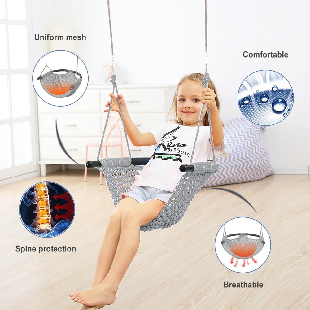 Hand-Knitting Toddler Swing Seat for Kids with Adjustable Ropes, Little tikes Swings Set, for Outdoor Indoor, Playground, Backyard (Gray)