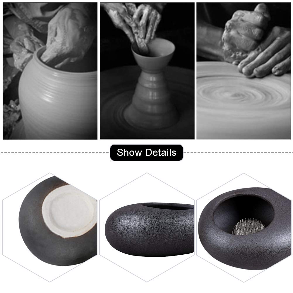 WANDIC Ikebana Flower Arrangement Vase Kit, Black Pebble Ceramic Planter Pot with 4cm Kenzan Flower Frog Pottery Floral Arranging Pin Needle Holder for Floral Art Desk Office Decoration