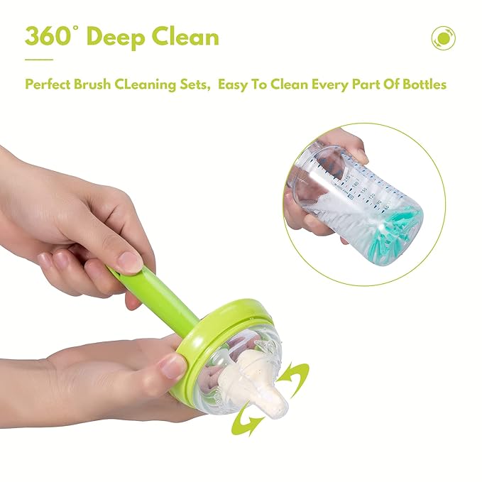 Baby Bottle Brush with One Base Hidden Nylon Nipple Cleaner, 2 Pcs Sponge Nipple Brushes, 2 Pcs Straw Brushes, Bottle Brush with Nipple Cleaner and Suction Cup (Pink)